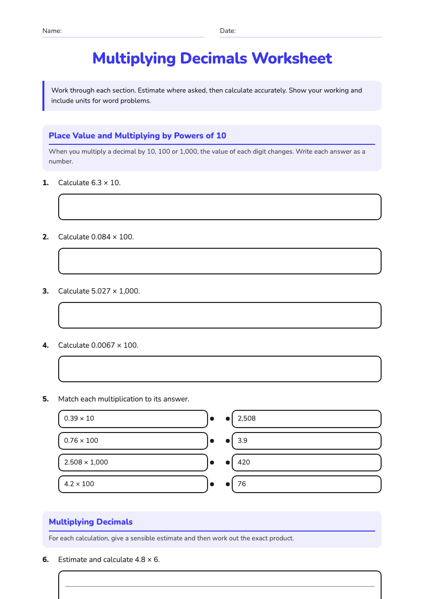 Multiplying Decimals Worksheet worksheet preview