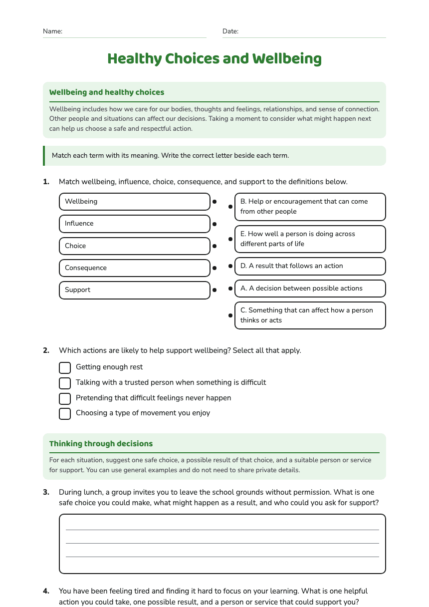 Healthy Choices and Wellbeing worksheet preview