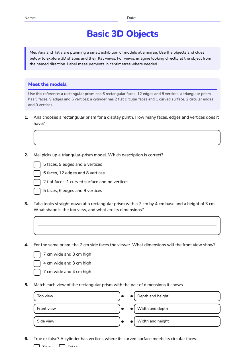 Basic 3D Objects worksheet preview