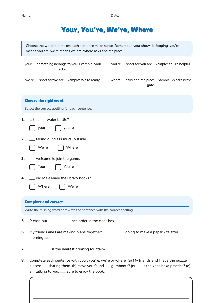 Your, You’re, We’re, Where worksheet preview