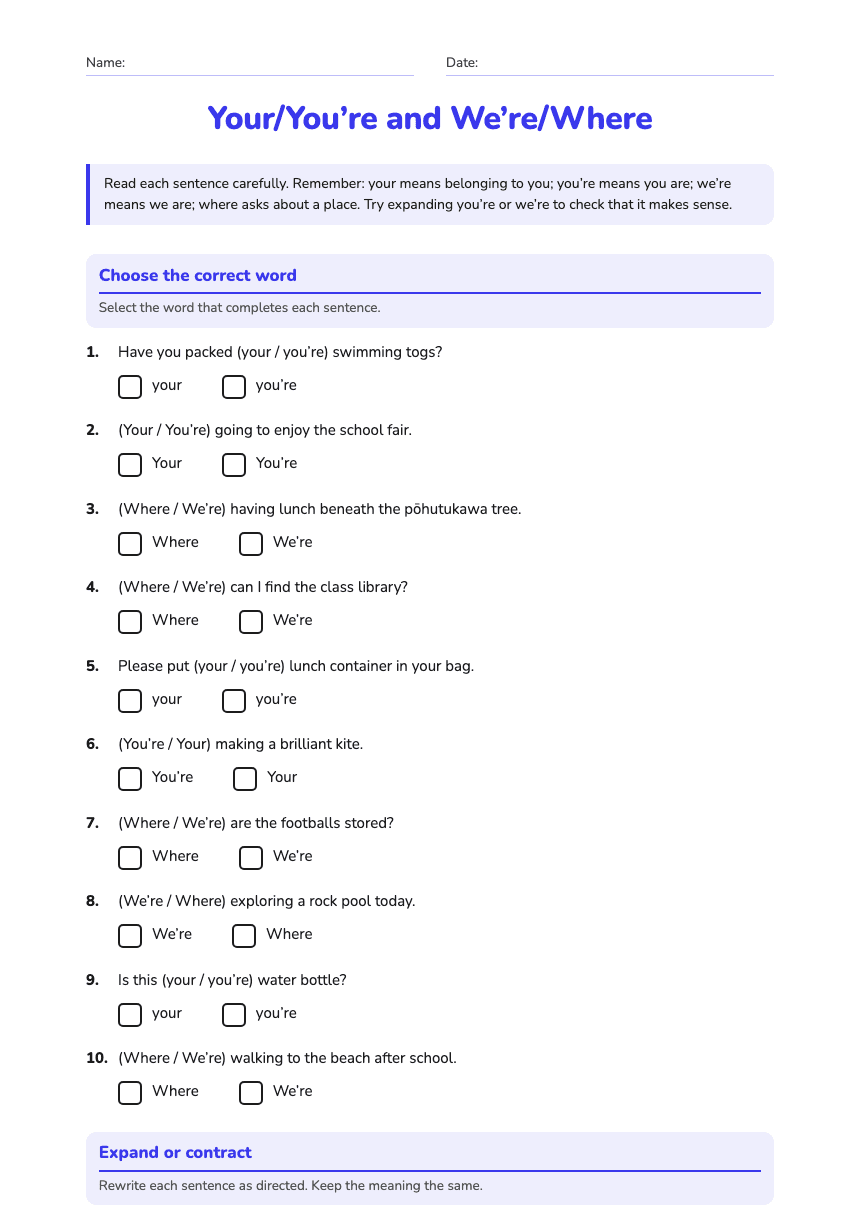 Your/You’re and We’re/Where worksheet preview