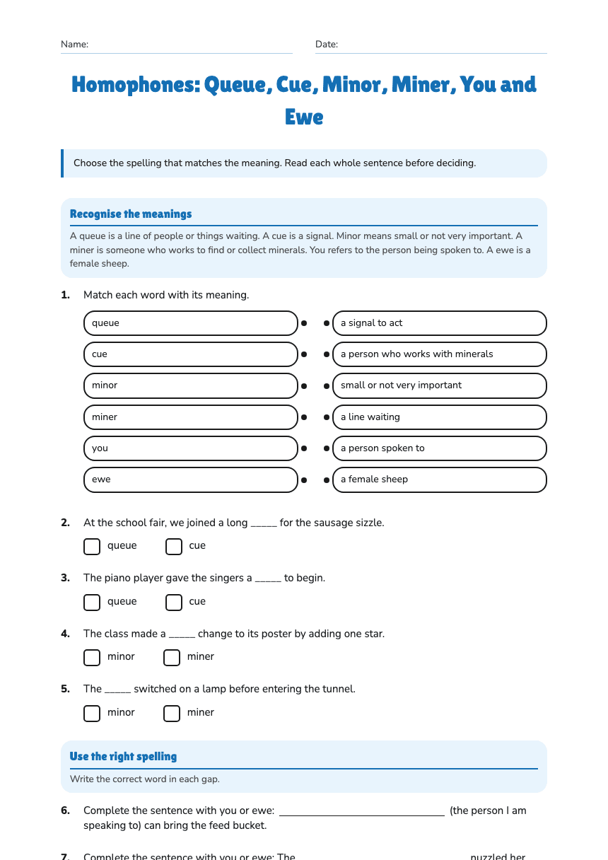 Homophones: Queue, Cue, Minor, Miner, You and Ewe worksheet preview