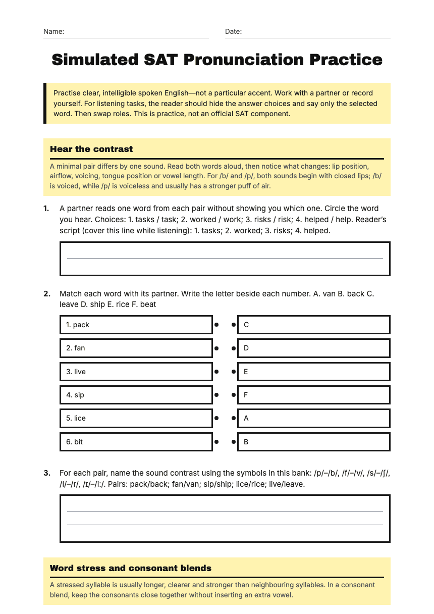 Simulated SAT Pronunciation Practice worksheet preview