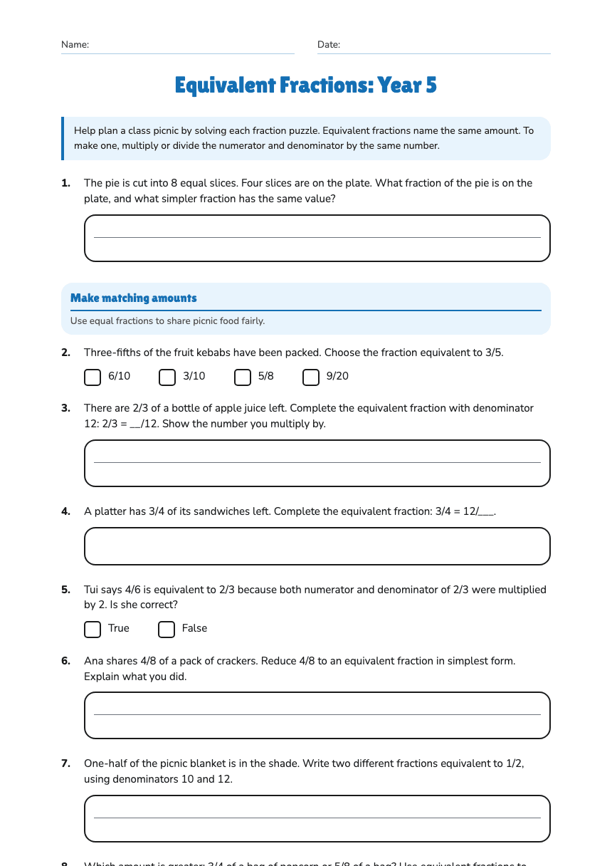 Equivalent Fractions: Year 5 worksheet preview