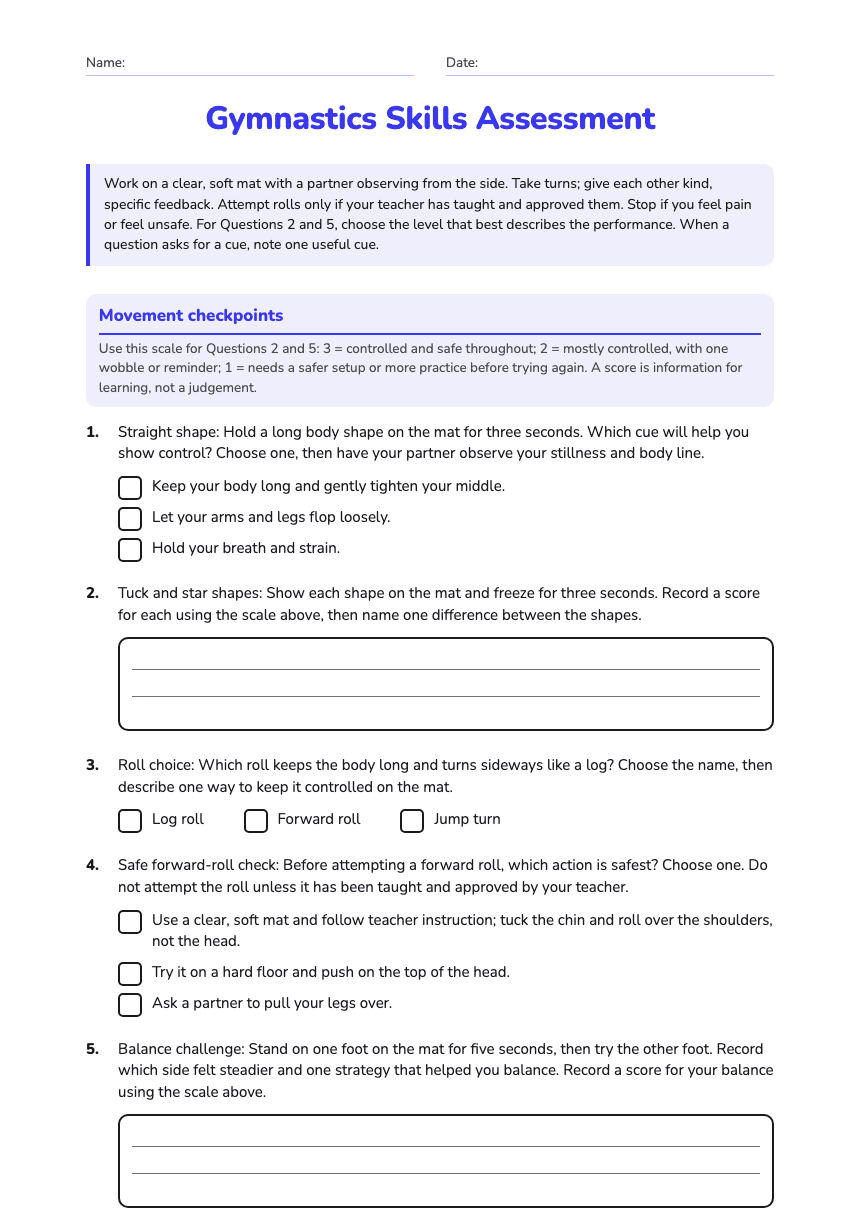 Gymnastics Skills Assessment worksheet preview