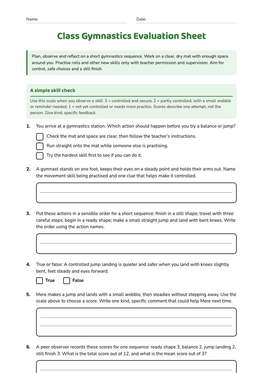 Class Gymnastics Evaluation Sheet worksheet preview