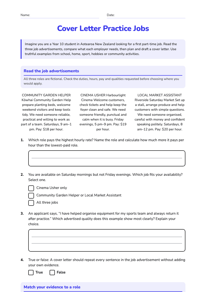 Cover Letter Practice Jobs worksheet preview
