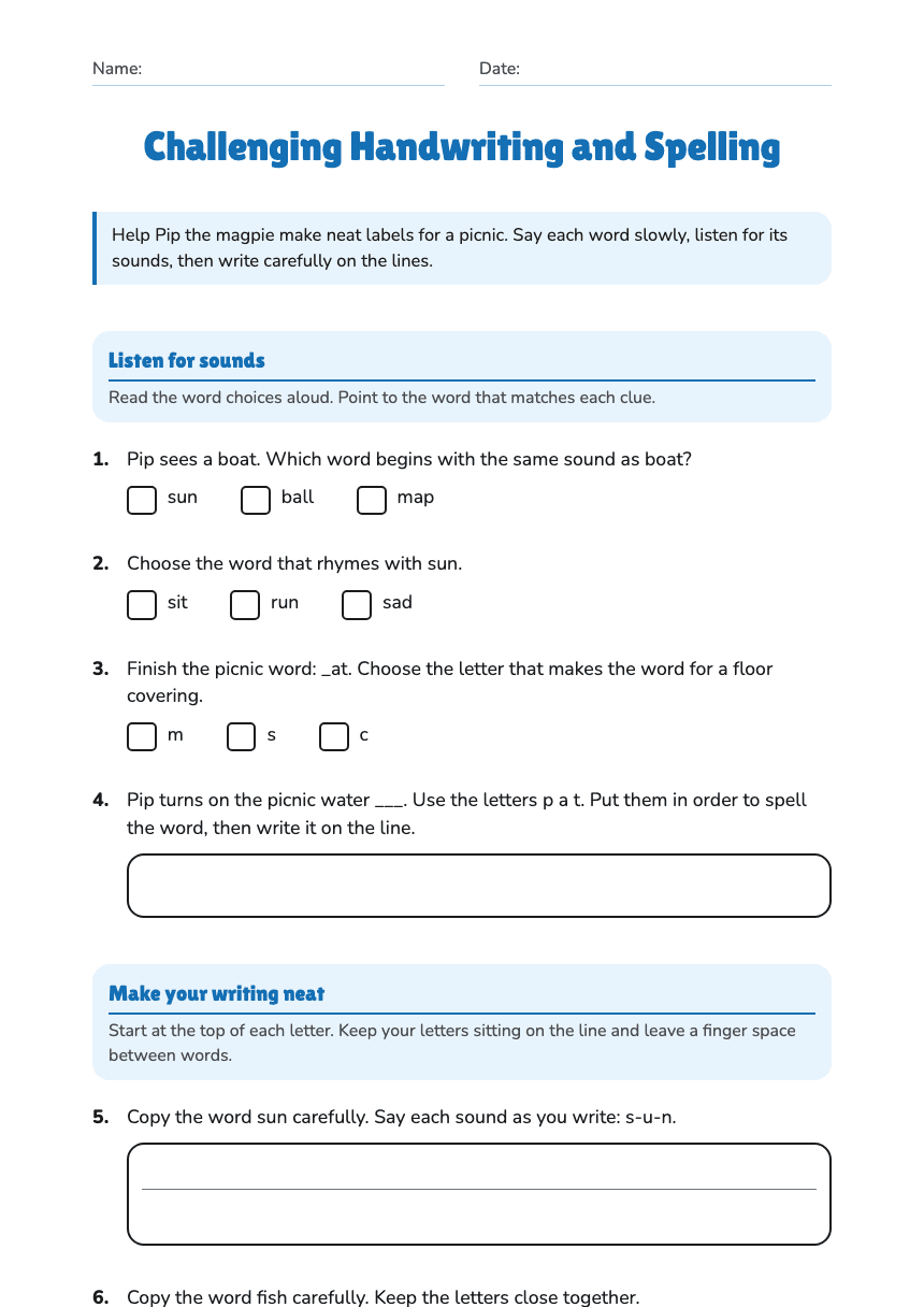 Challenging Handwriting and Spelling worksheet preview