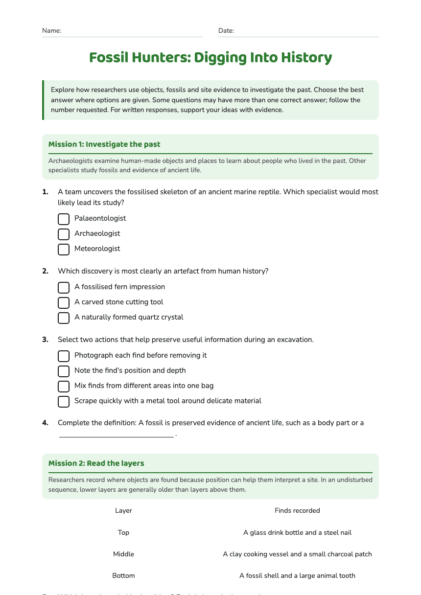 Fossil Hunters: Digging Into History worksheet preview