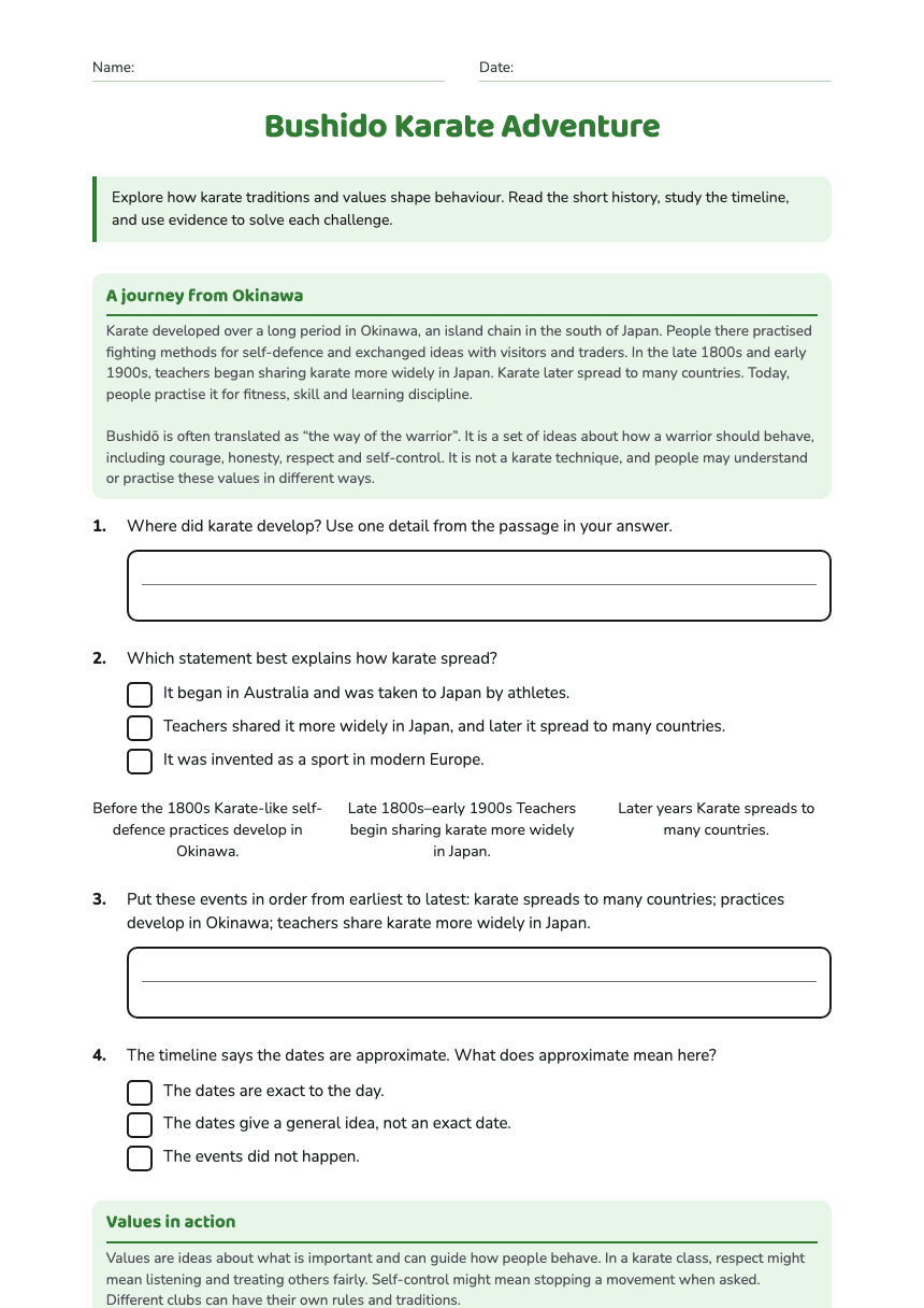 Bushido Karate Adventure worksheet preview