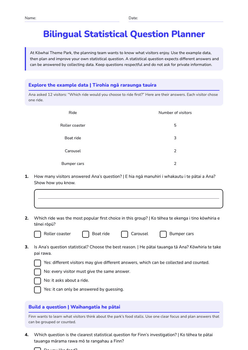 Bilingual Statistical Question Planner worksheet preview