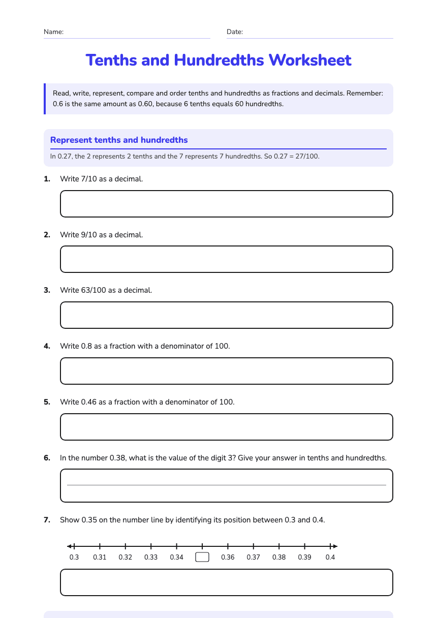 Tenths and Hundredths Worksheet worksheet preview