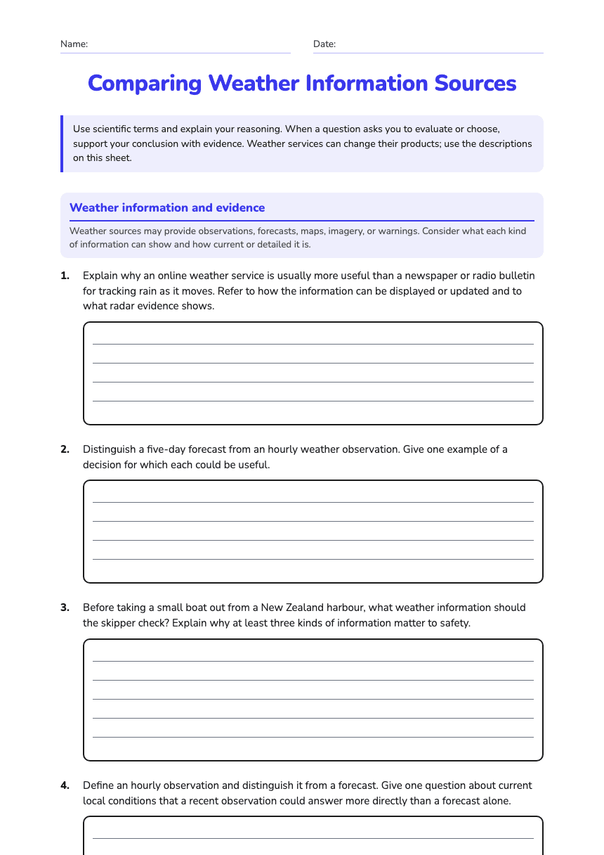 Comparing Weather Information Sources worksheet preview