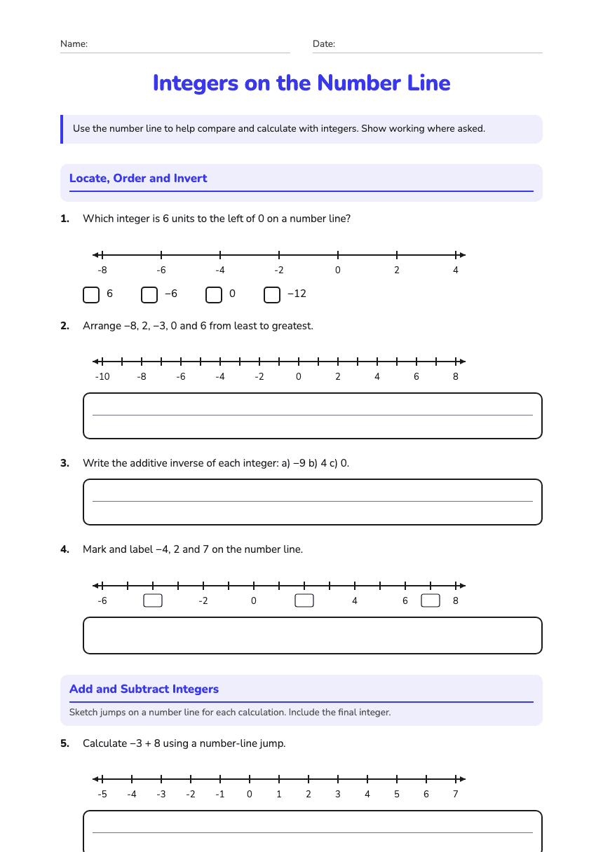 Integers on the Number Line worksheet preview