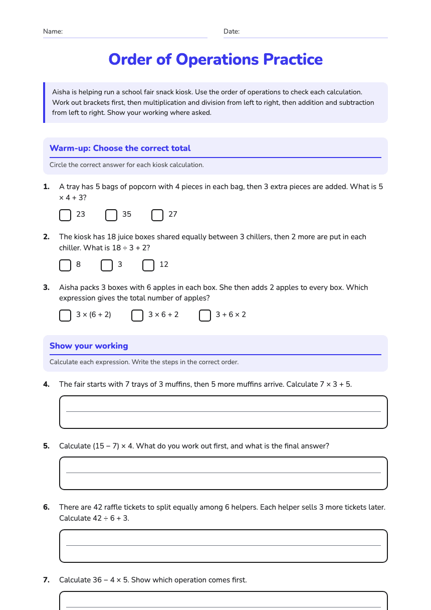 Order of Operations Practice worksheet preview