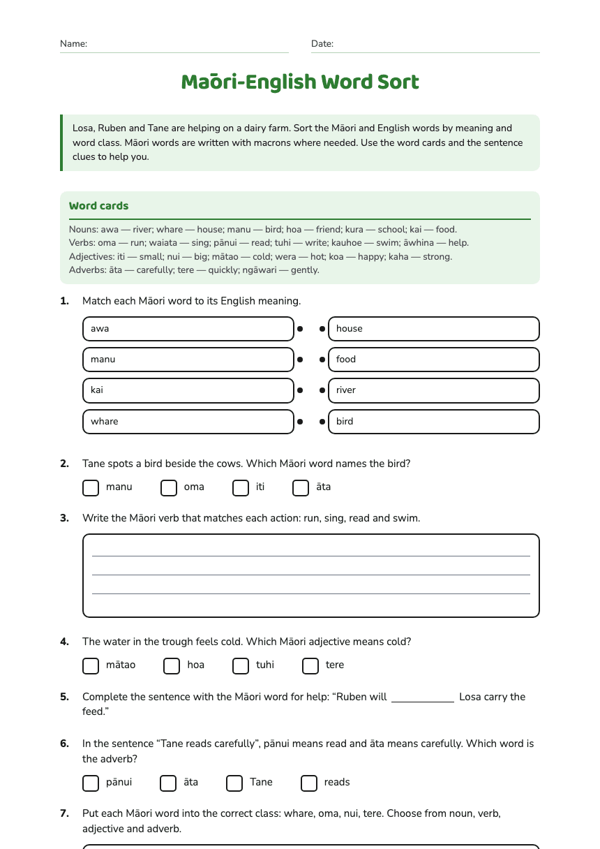 Māori-English Word Sort worksheet preview