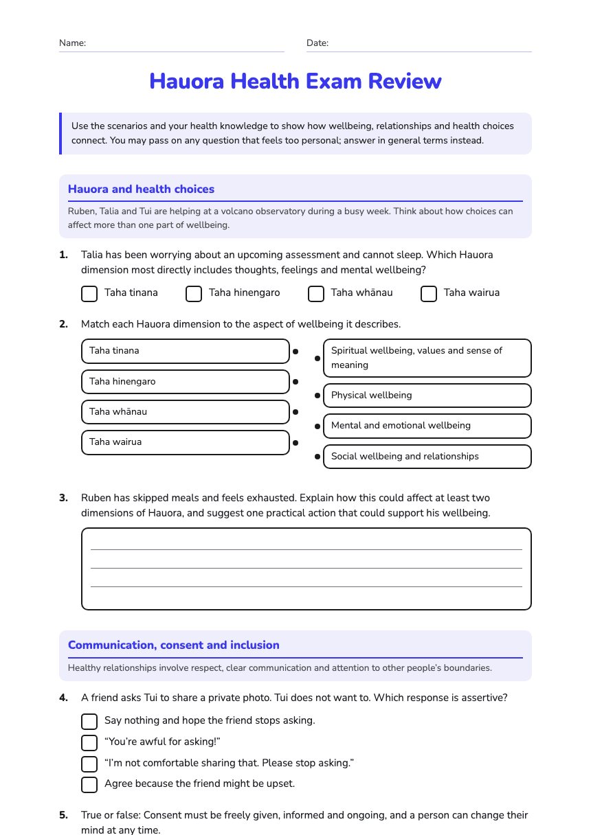 Hauora Health Exam Review worksheet preview