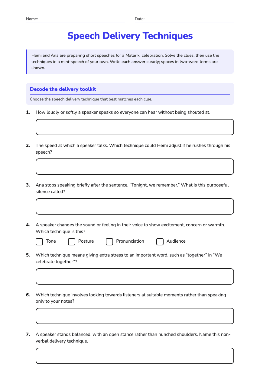 Speech Delivery Techniques worksheet preview