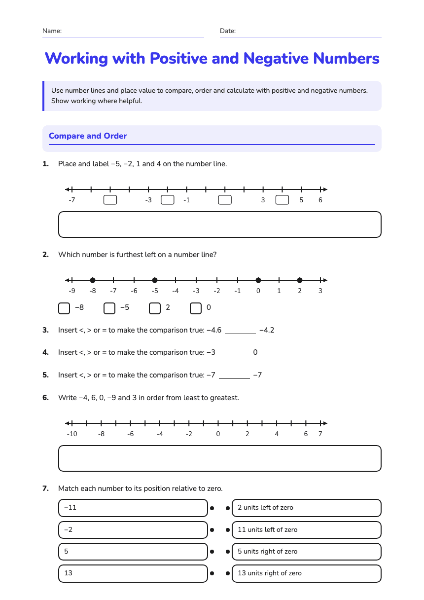 Working with Positive and Negative Numbers worksheet preview