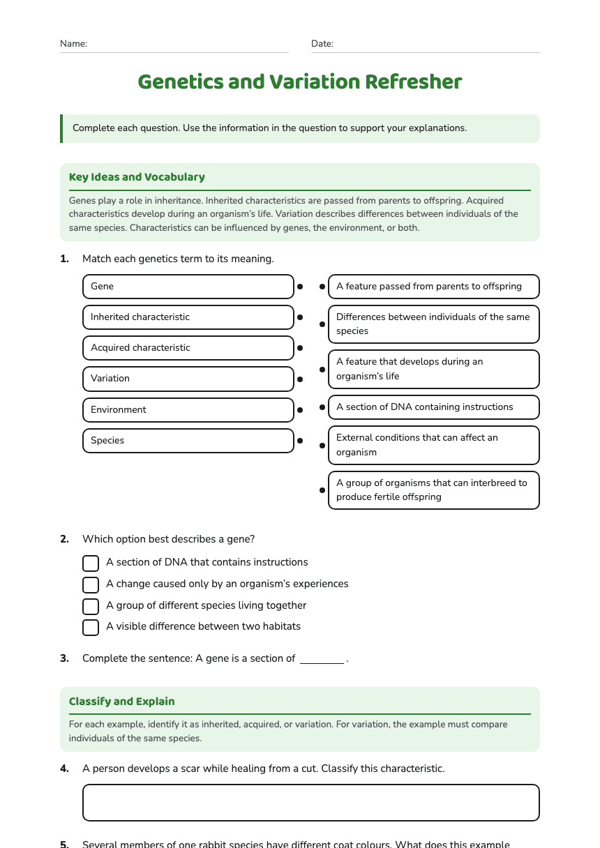 Genetics and Variation Refresher worksheet preview