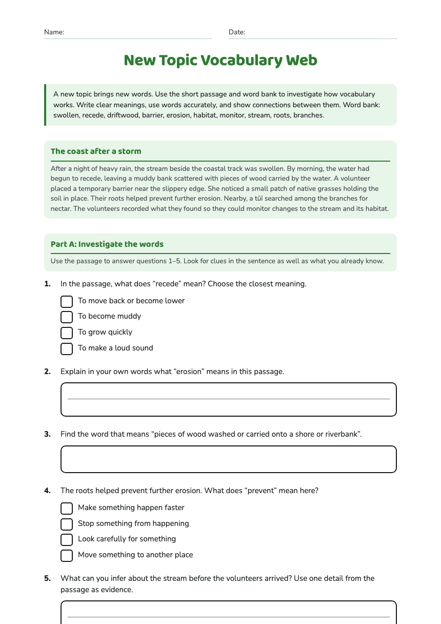 New Topic Vocabulary Web worksheet preview