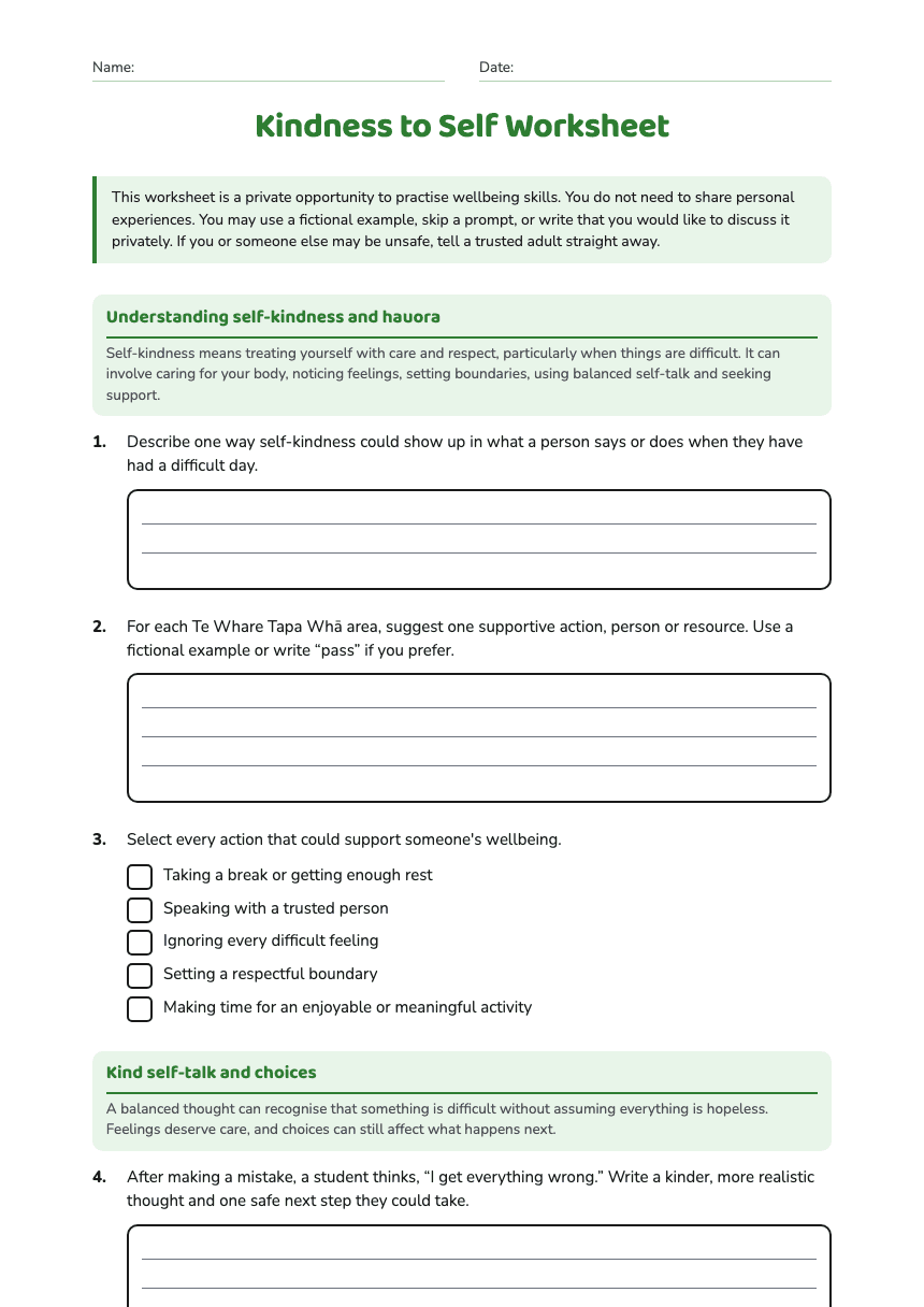 Kindness to Self Worksheet worksheet preview