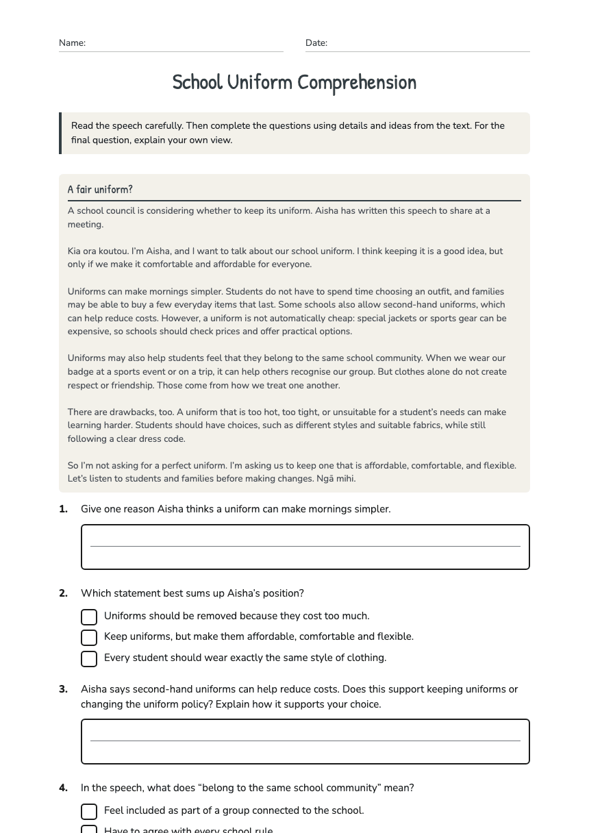 School Uniform Comprehension worksheet preview