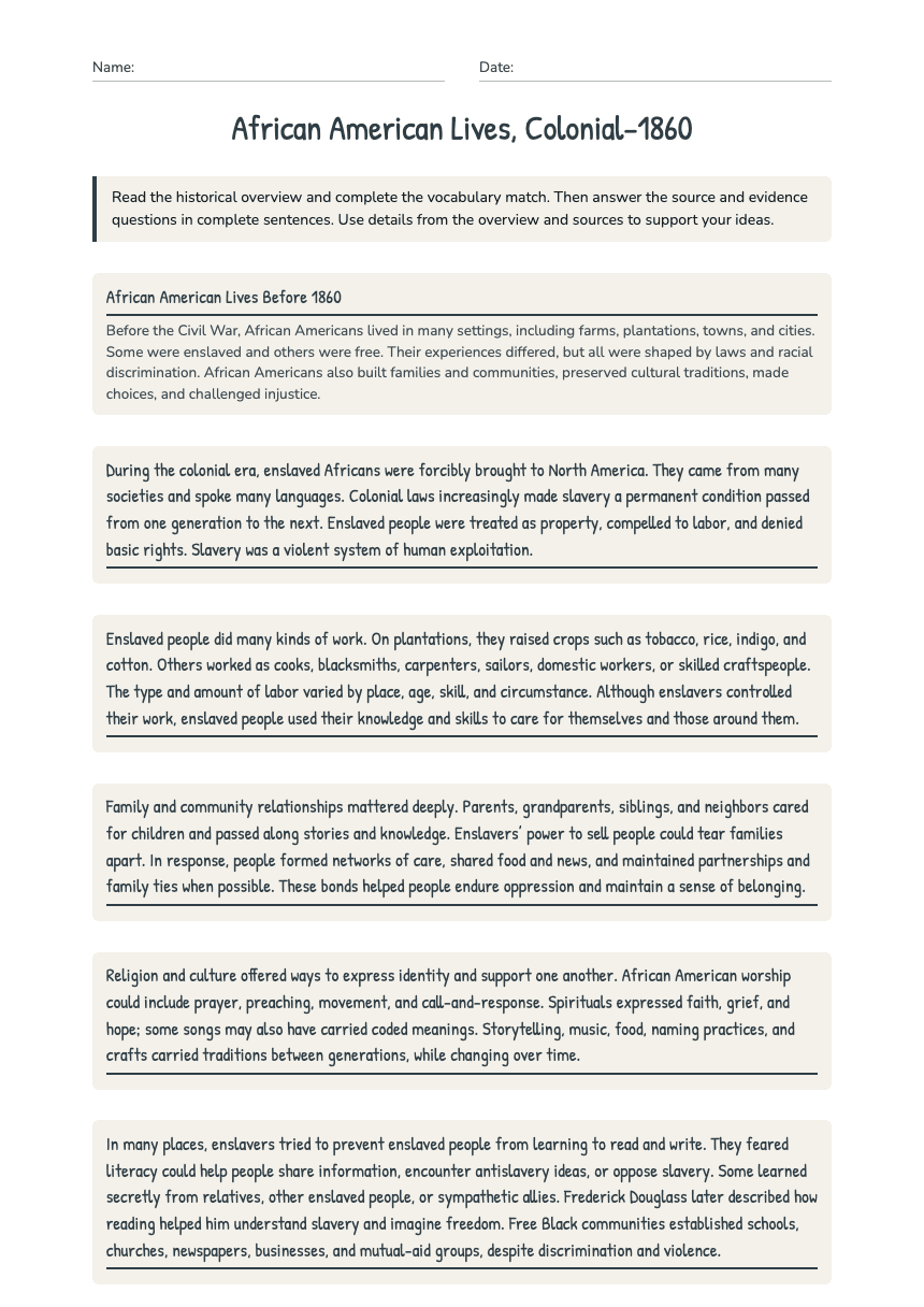 African American Lives, Colonial–1860 worksheet preview