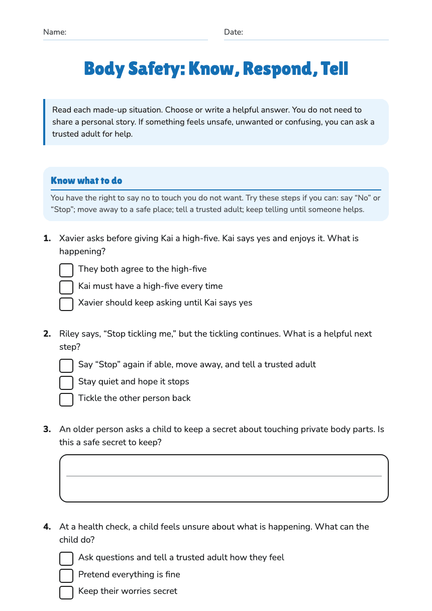 Body Safety: Know, Respond, Tell worksheet preview