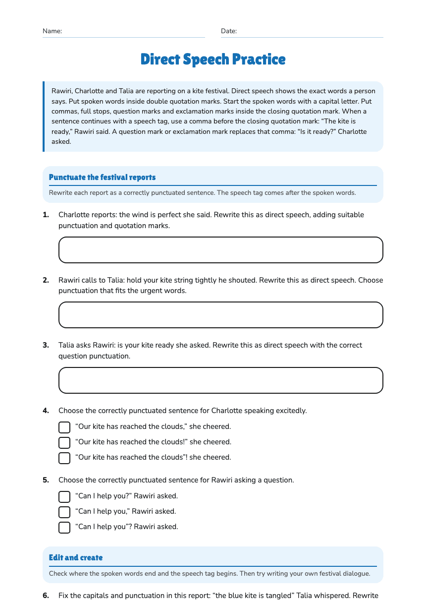Direct Speech Practice worksheet preview