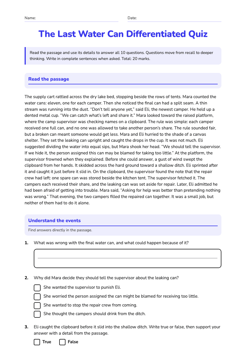 The Last Water Can Differentiated Quiz worksheet preview