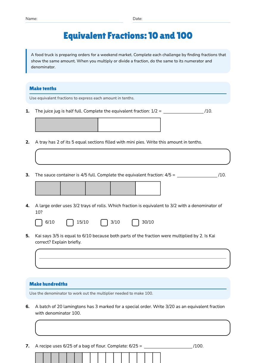 Equivalent Fractions: 10 and 100 worksheet preview