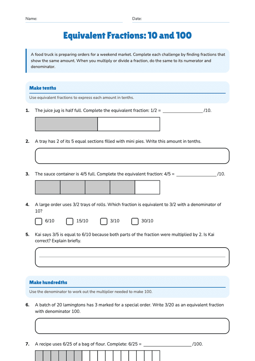 Equivalent Fractions: 10 and 100