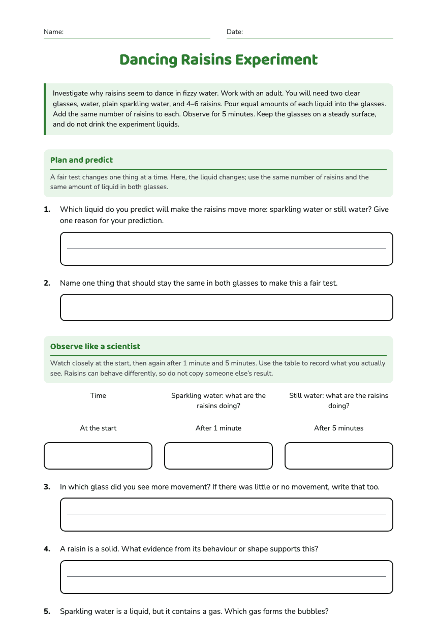 Dancing Raisins Experiment worksheet preview