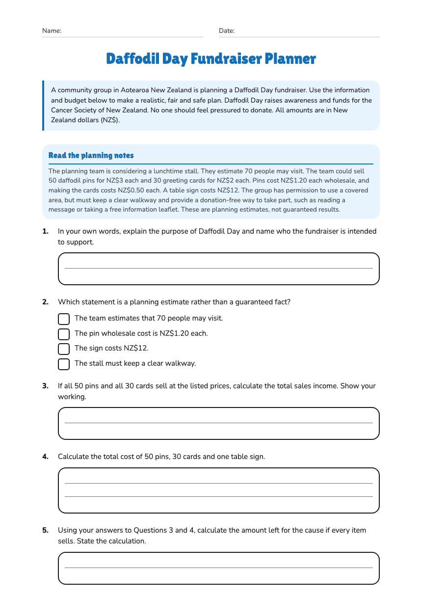 Daffodil Day Fundraiser Planner worksheet preview
