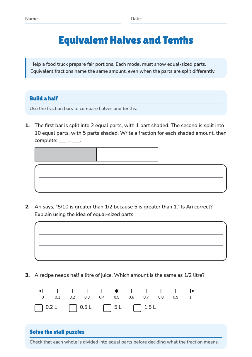 Equivalent Halves and Tenths worksheet preview