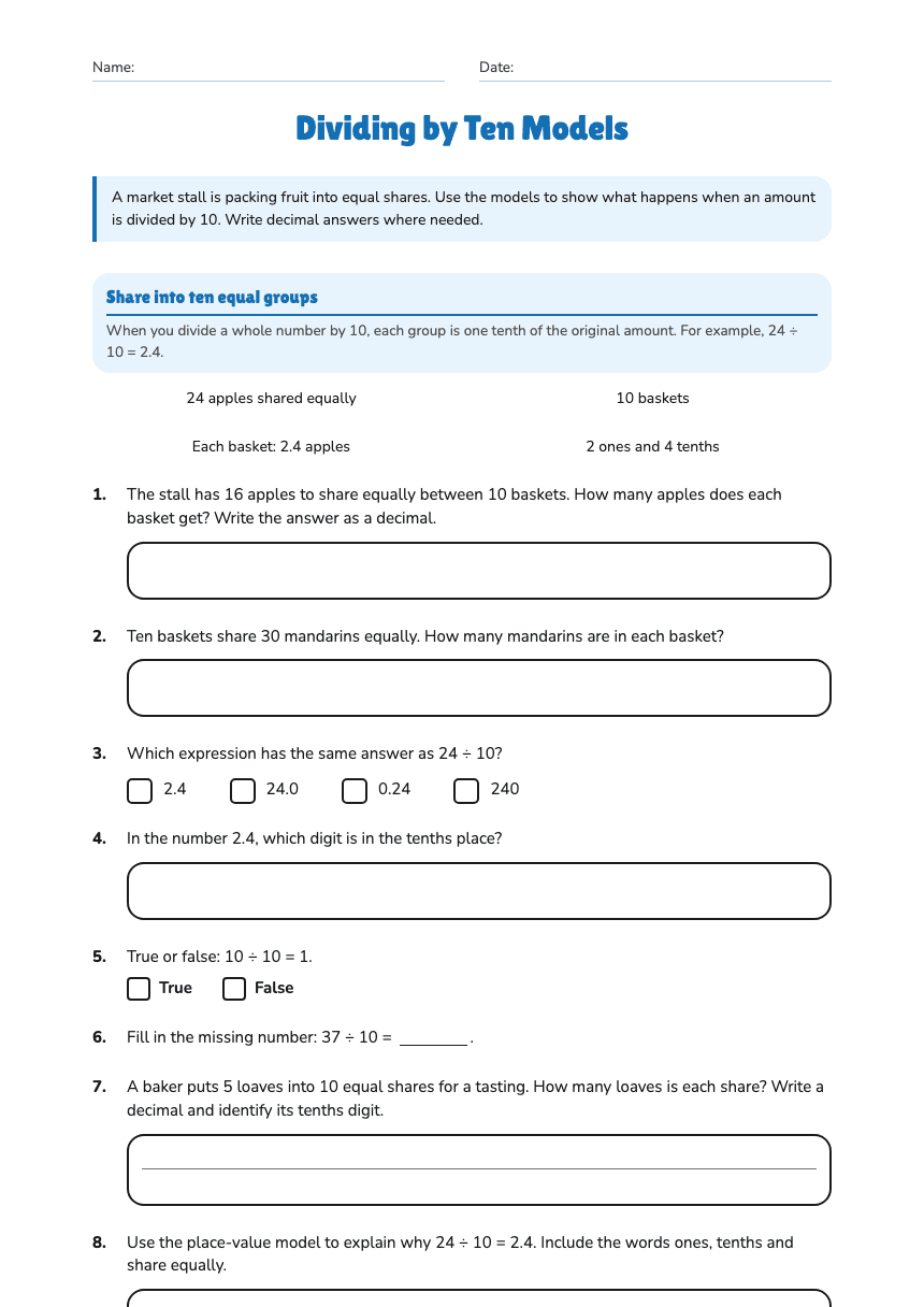 Dividing by Ten Models worksheet preview