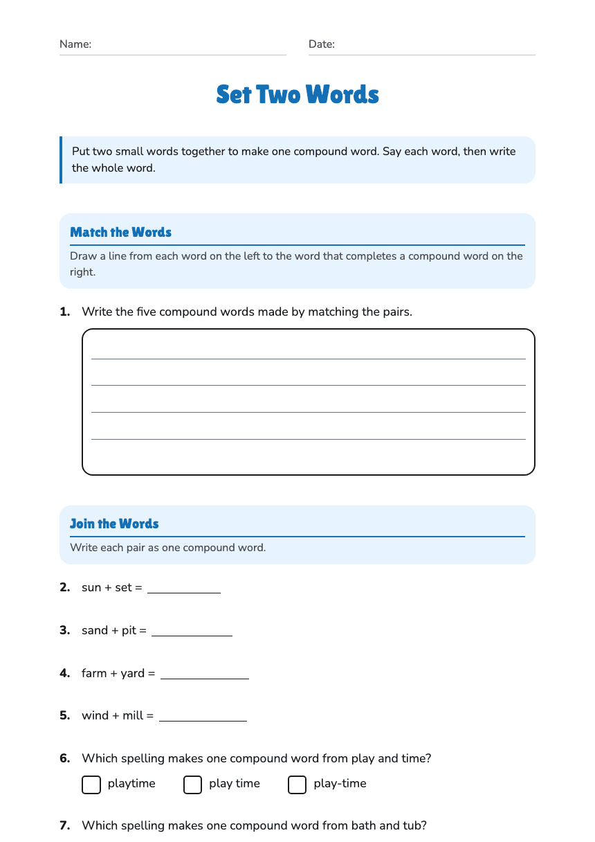 Set Two Words worksheet preview