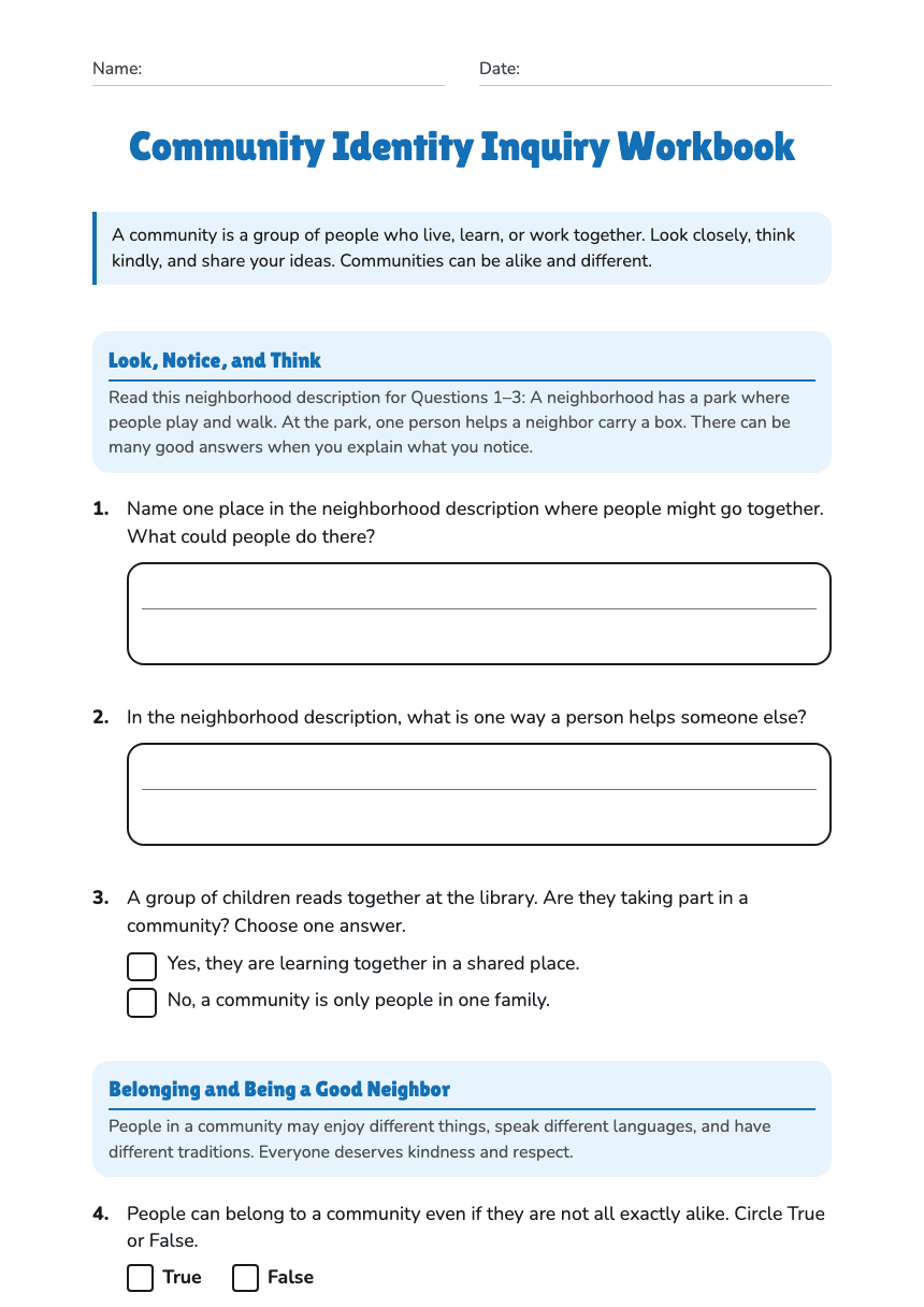 Community Identity Inquiry Workbook worksheet preview