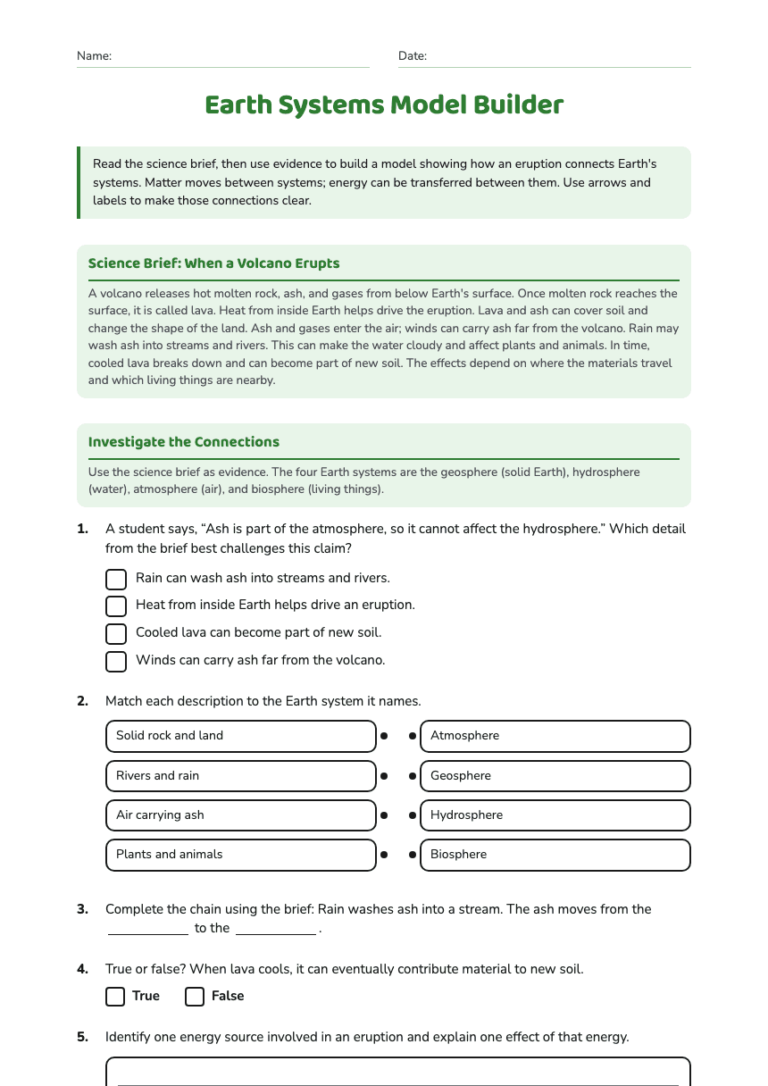 Earth Systems Model Builder worksheet preview
