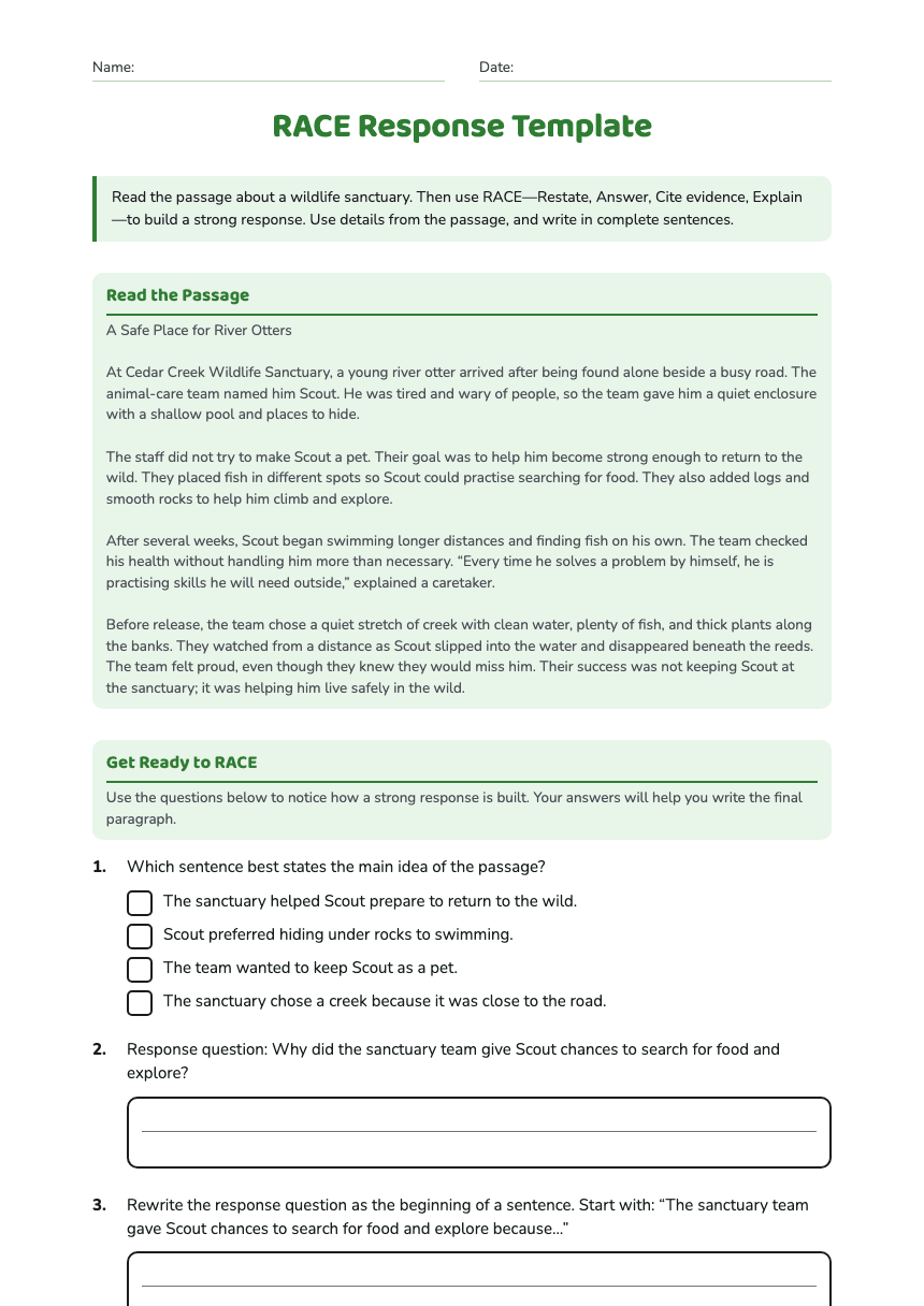 RACE Response Template worksheet preview