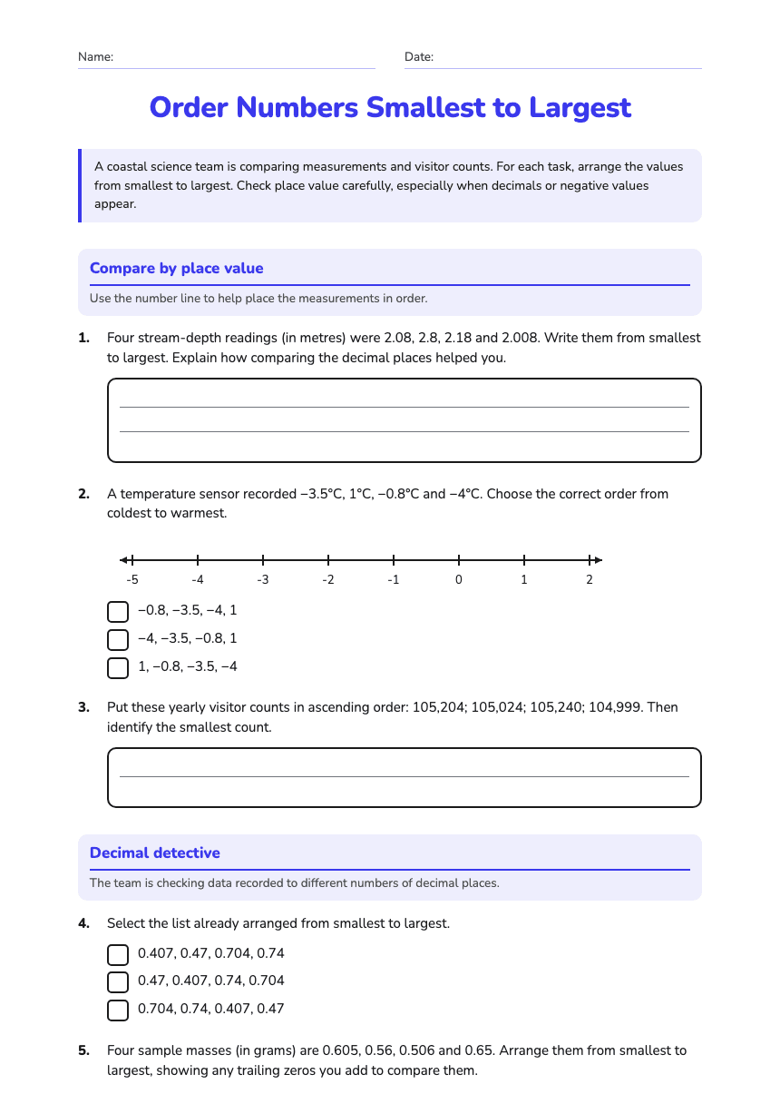 Order Numbers Smallest to Largest worksheet preview