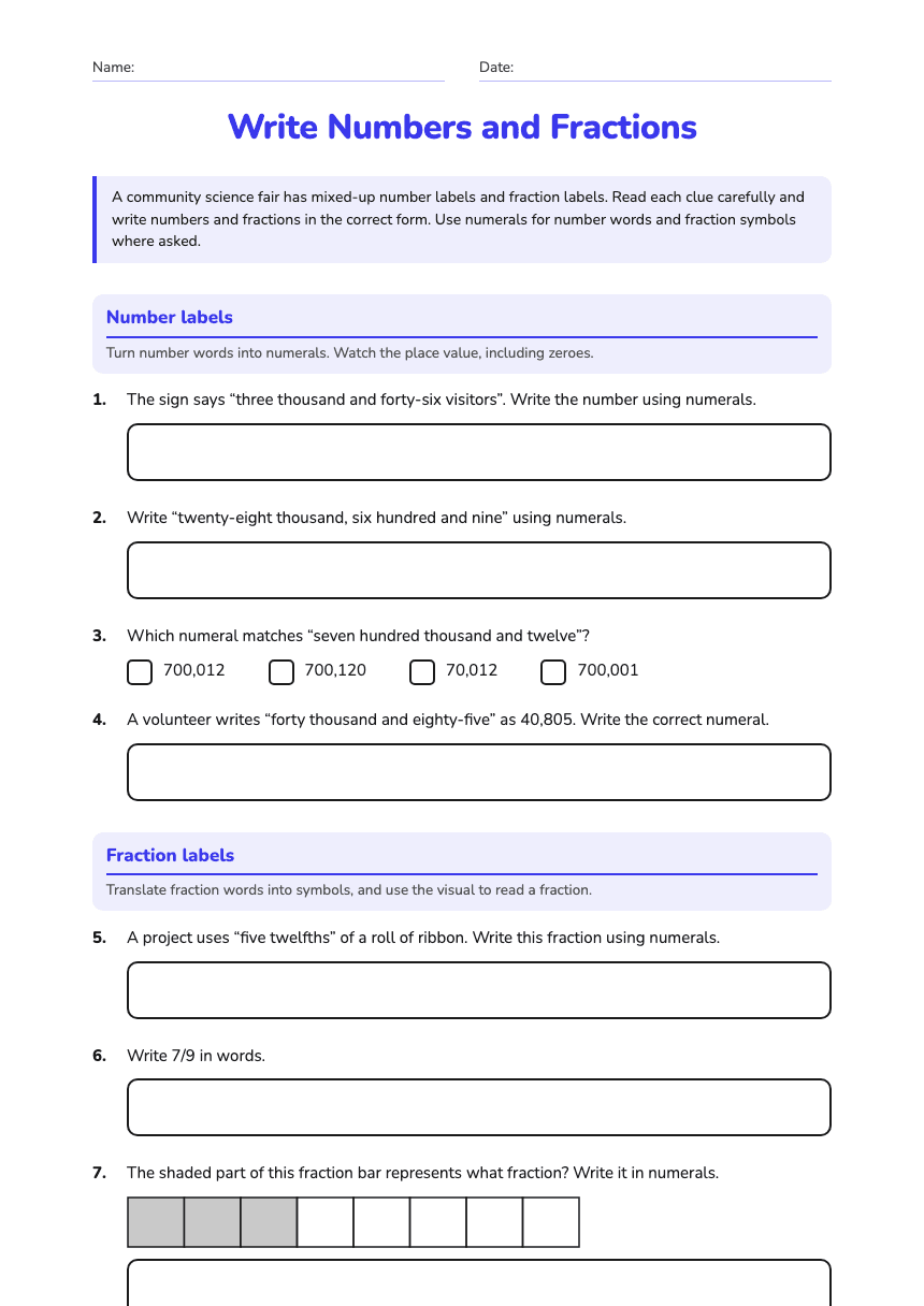 Write Numbers and Fractions worksheet preview