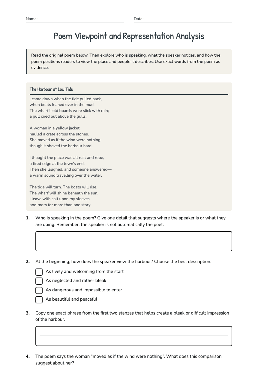 Poem Viewpoint and Representation Analysis worksheet preview