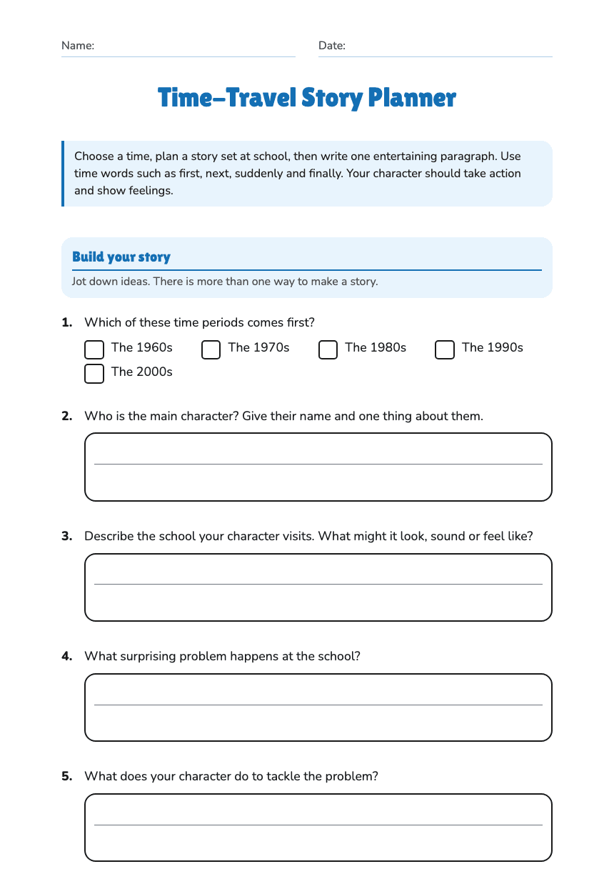 Time-Travel Story Planner worksheet preview