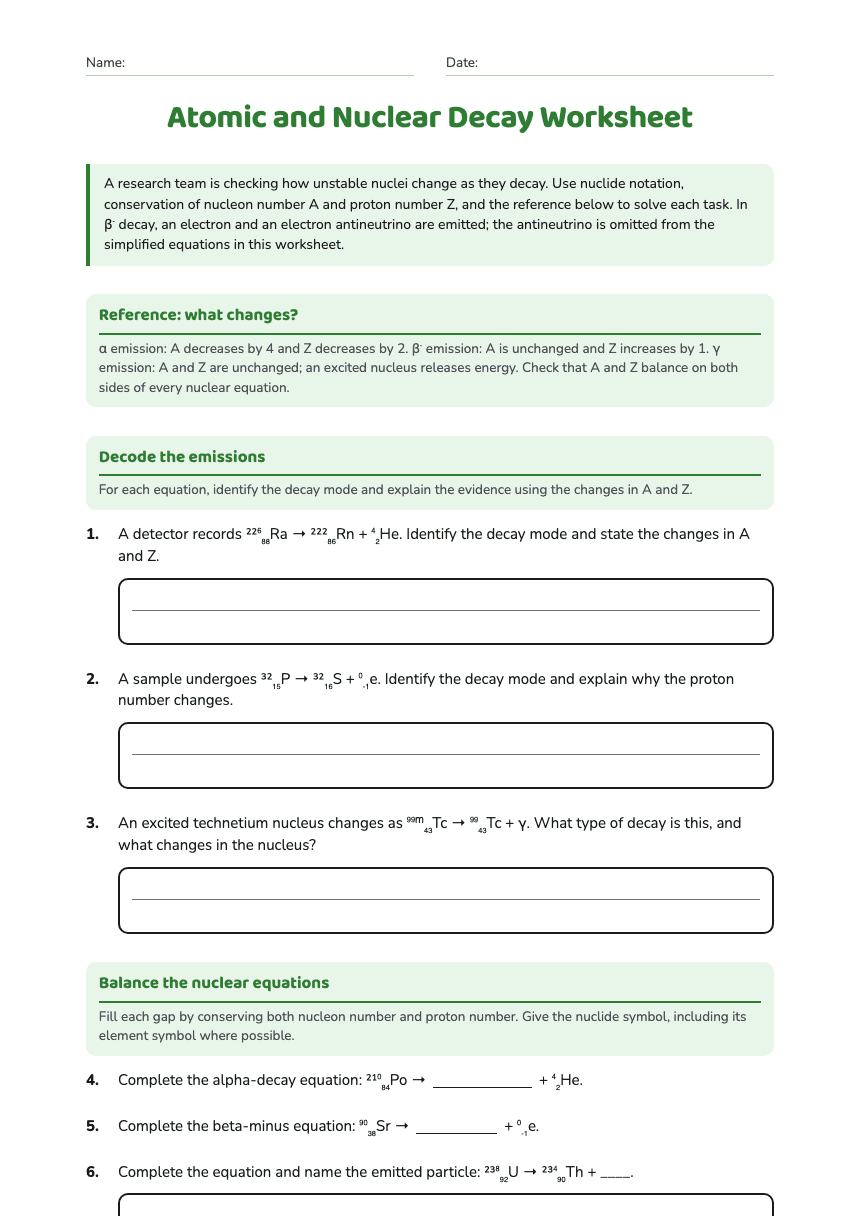 Atomic and Nuclear Decay Worksheet worksheet preview