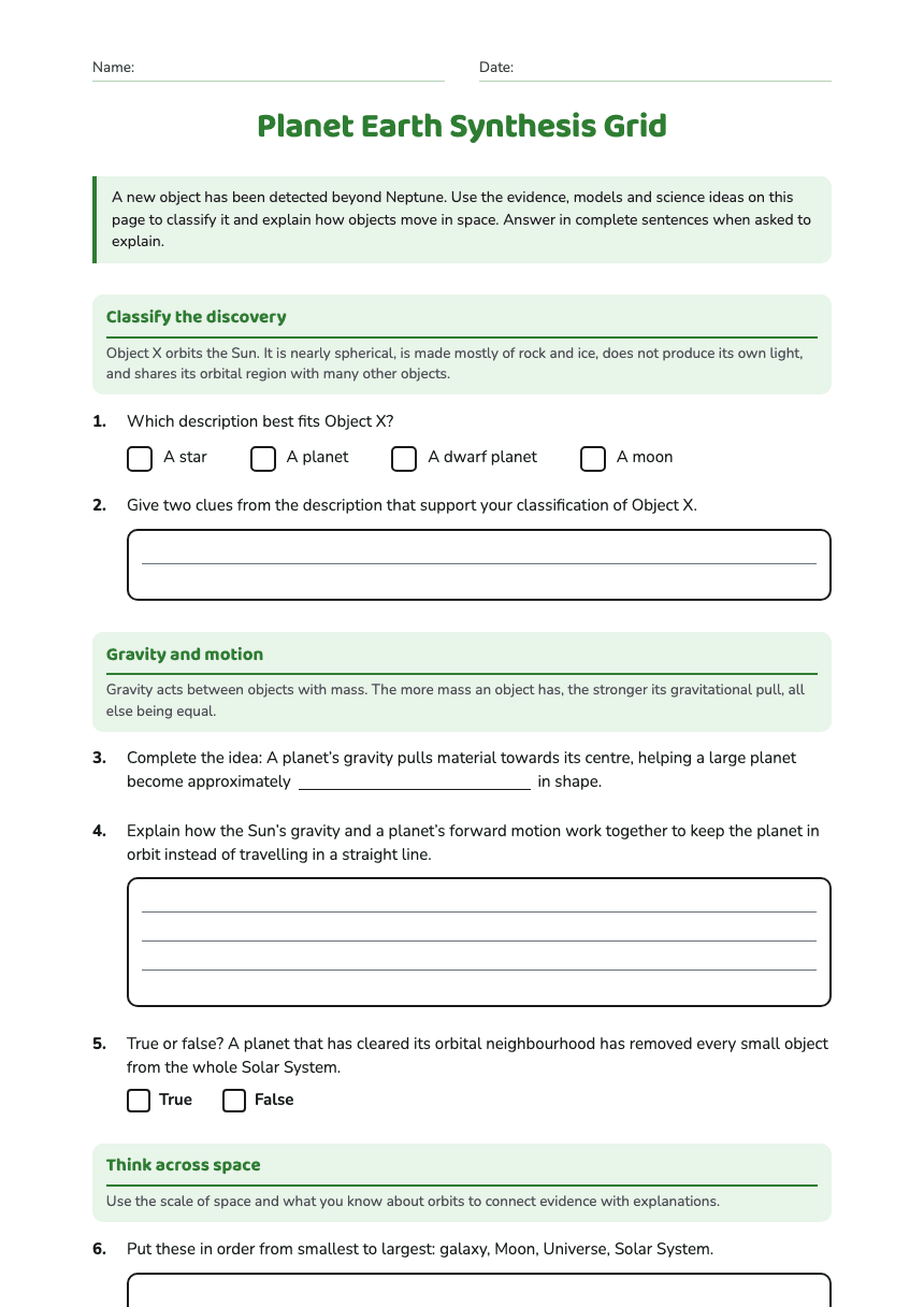 Planet Earth Synthesis Grid worksheet preview
