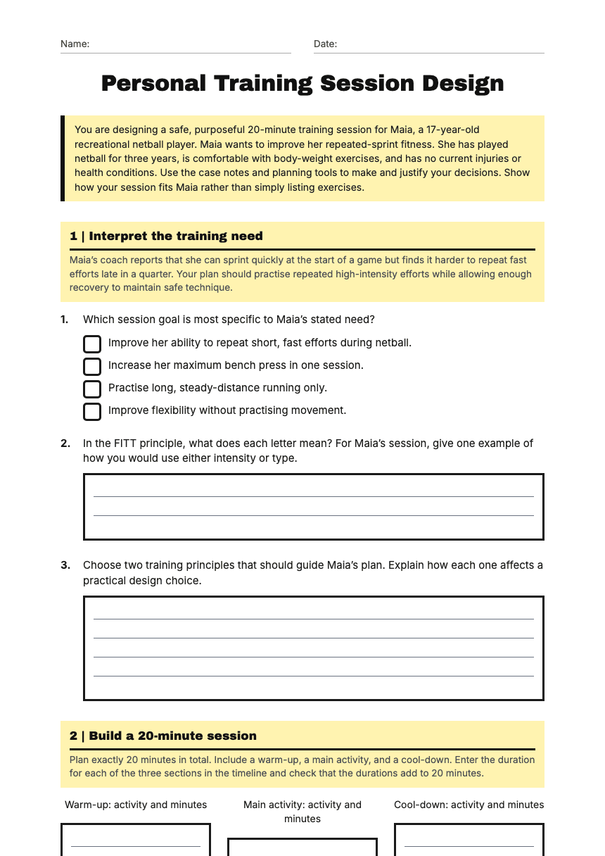 Personal Training Session Design worksheet preview
