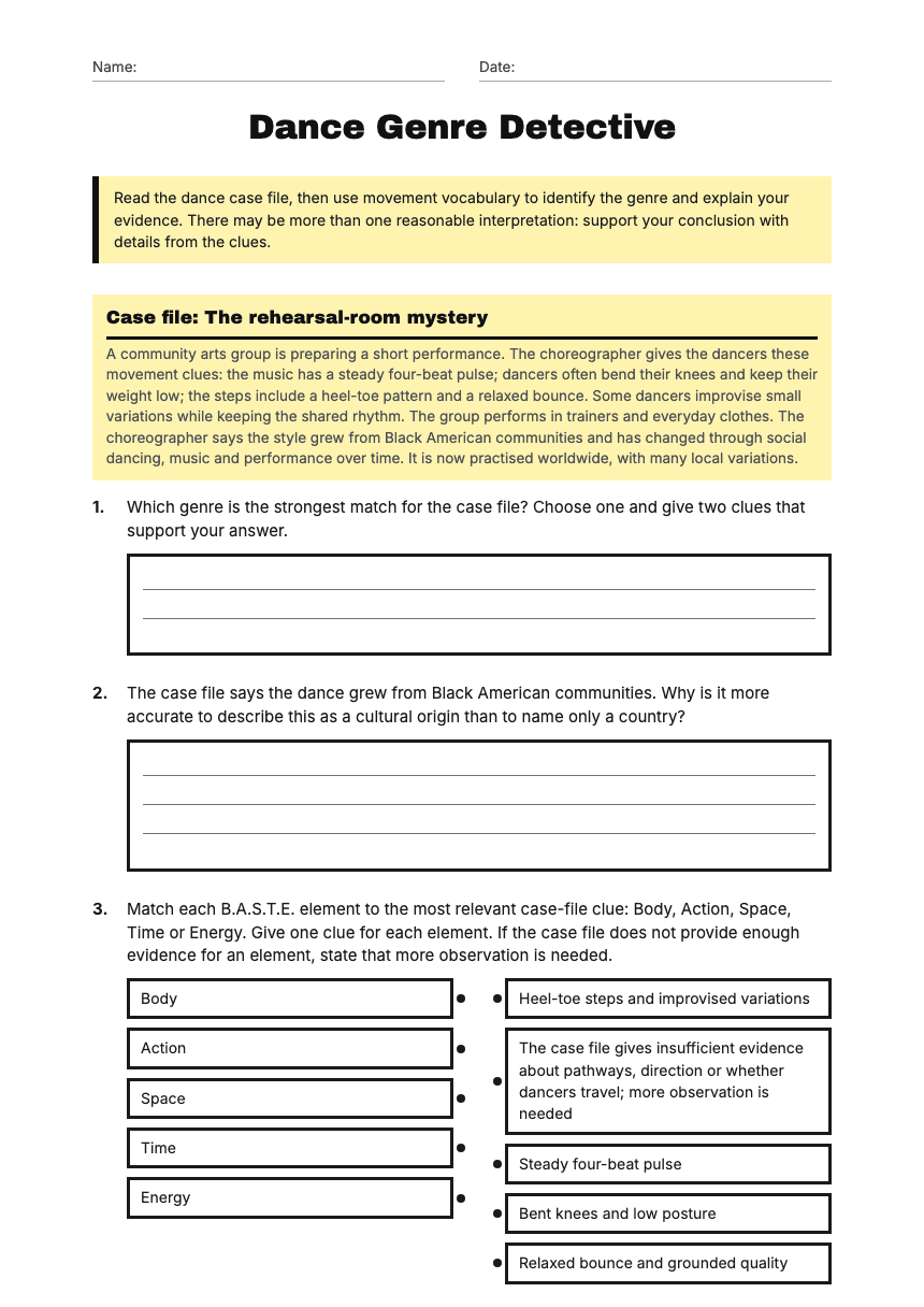 Dance Genre Detective worksheet preview