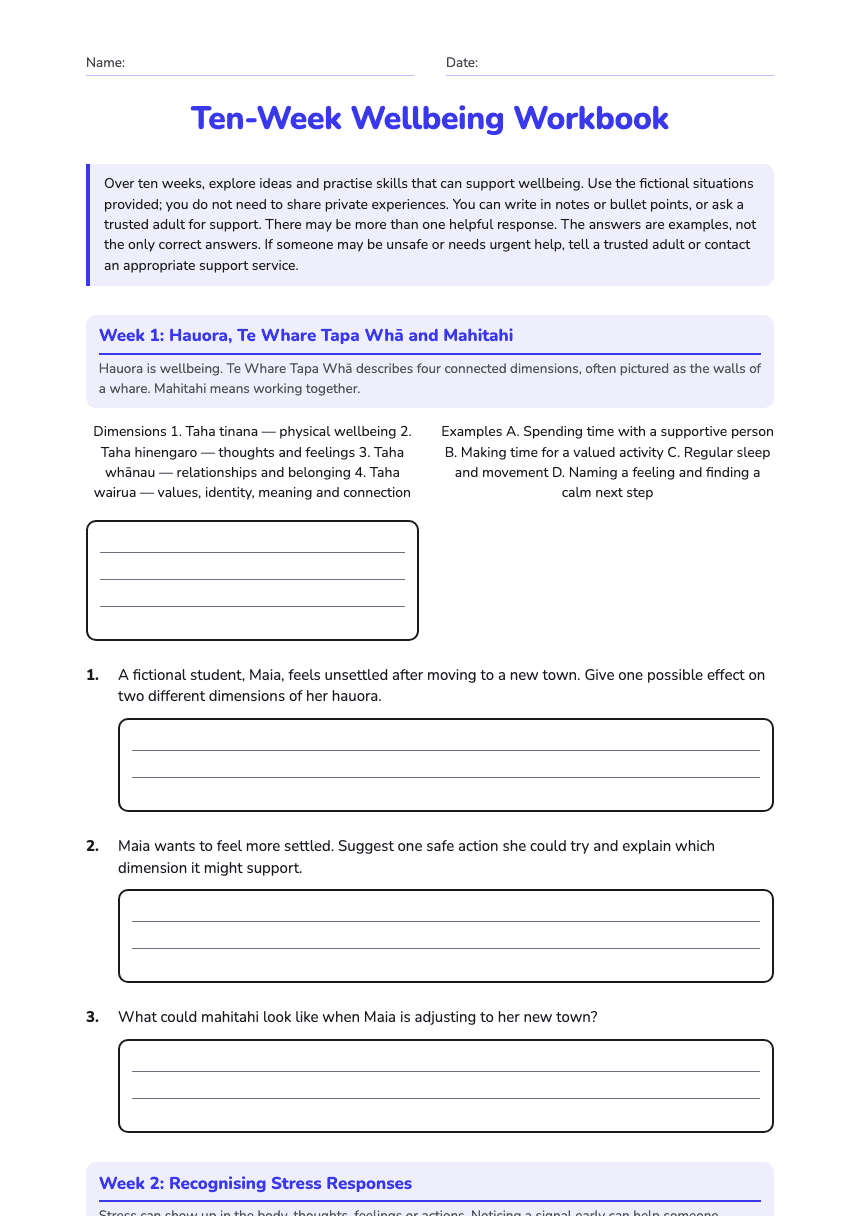 Ten-Week Wellbeing Workbook worksheet preview